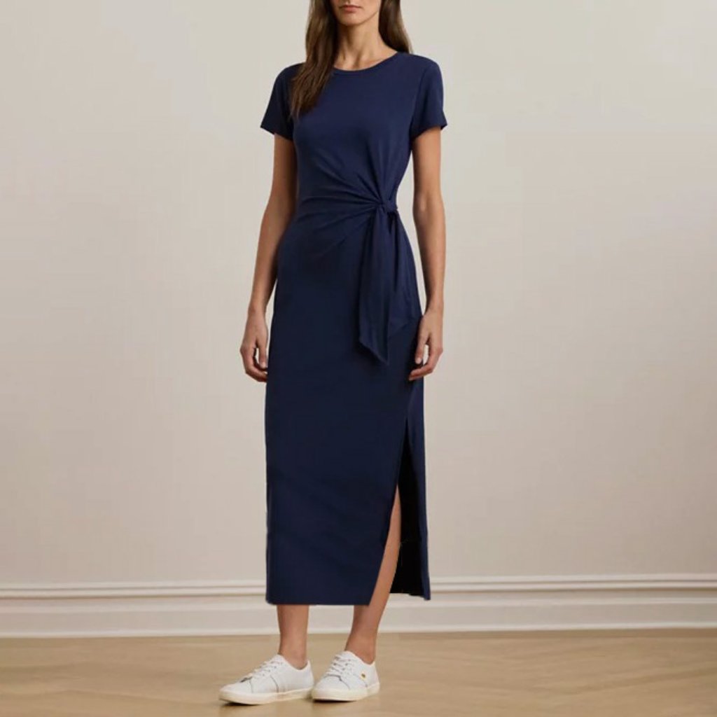 Loft Navy Blue Short Sleeve Maxi Dress With Side Tie